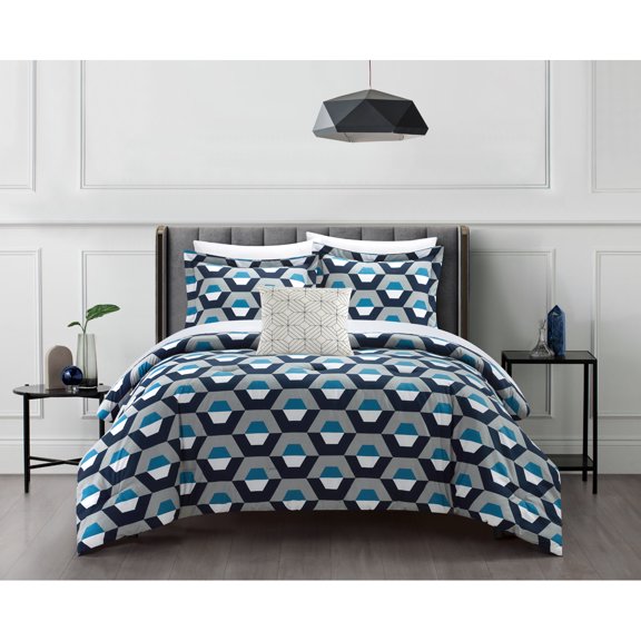 Chic Home Miles 3 Piece Comforter Set Contemporary Geometric Hexagon Pattern Print Design Bedding - Decorative Pillow Sham Included, Twin, Blue