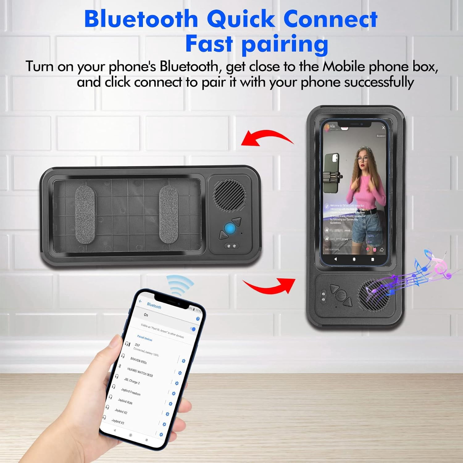LC-dolida Shower Phone Holder with Wireless Bluetooth Speaker, Waterproof 360 Rotation Viewable Shower Phone Stand Case Mount Speakers for Bathroom Wall Mirro for 4"- 6.8" Cell Phones(Black)