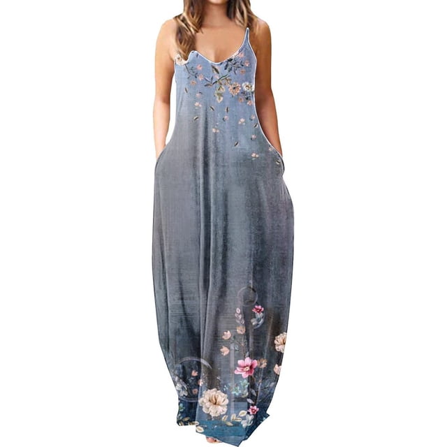 Robes Maxi pour Femmes Été Robe à Bretelles Spaghetti Grande Taille Décontractée Ample Plage Boho Robe d'Été avec Poches