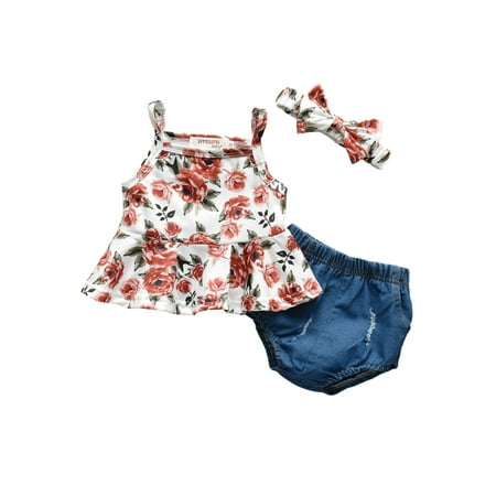 

Bebiullo 3Pcs Baby Summer Outfit Floral Vest Elastic Waist Briefs Hairband