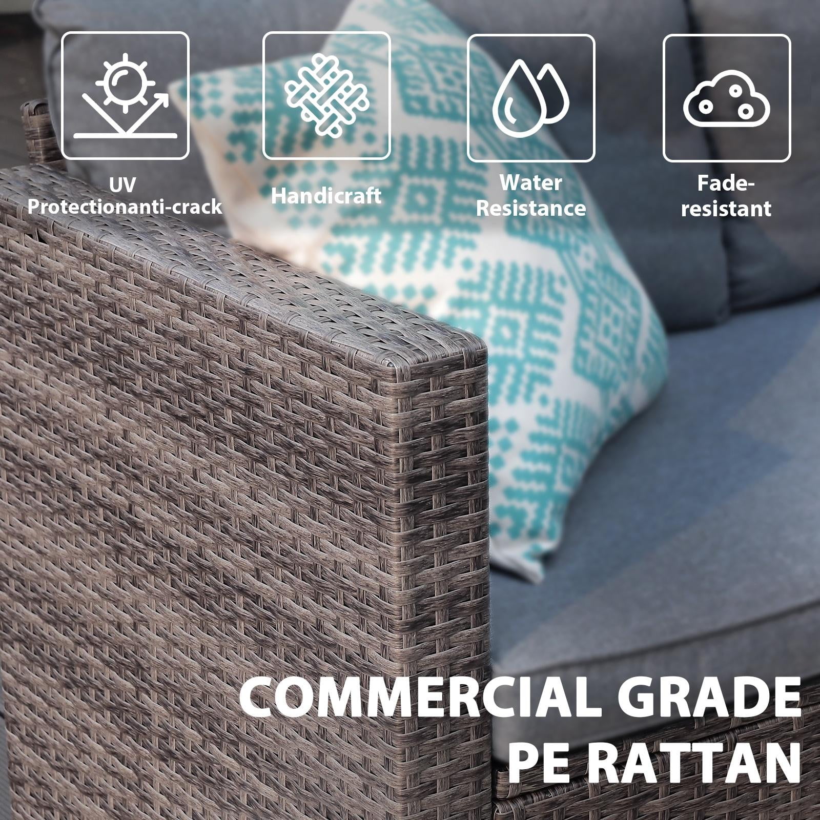JOIVI 3 Pieces Patio Conversation Set, PE Wicker Rattan Outdoor Furniture Set, 2 Ways Small Sectional Sofa, Tempered Glass Coffee Table, Silver-Gray