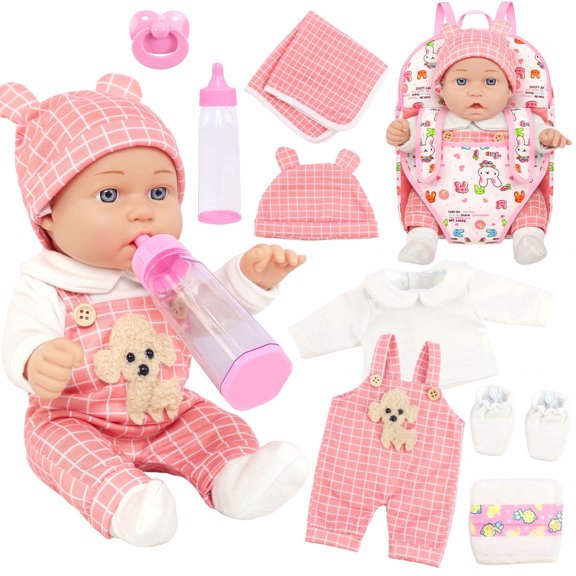 ZITA ELEMENT 12 inch Baby Dolls with Backpack Carrier, 12" Baby Doll Accessories Clothes Cute Hat Pacifier Bottle Diaper Doll Playset for 3 Year Old Kids