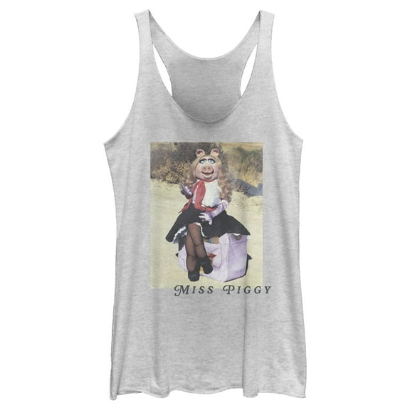 Women's The Muppets Miss Piggy Hitchhiking Scene Racerback Tank Top White Heather X Large