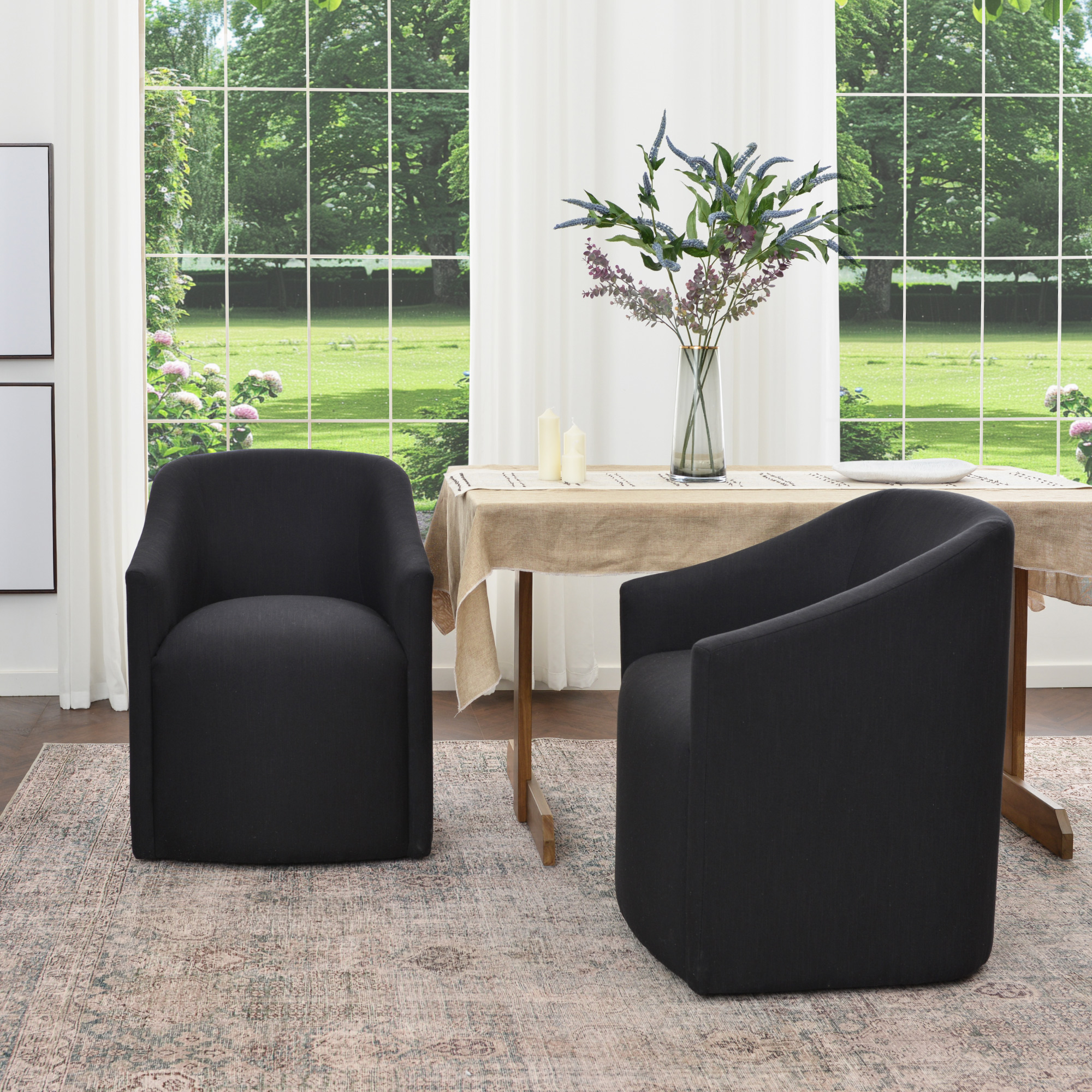 KINWELL 25" Wide Upholstered Dining Chairs with Casters Set of 2, No Assembly Modern Performance Fabric Barrel Back Rolling Dining Armchair for Kitchen Dining Room (Black)