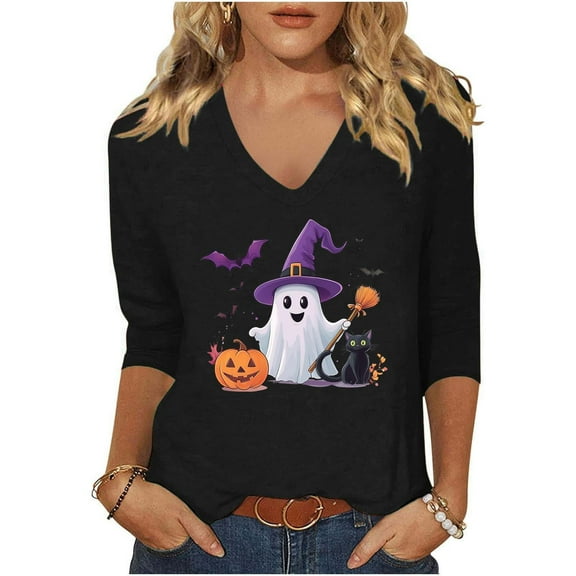 aohooy Womens Halloween Tops Loose 3/4 Sleeve Funny Graphic T-Shirts Casual V Neck Witch Pumpkin Ghost Tunic Tops Black,XXL