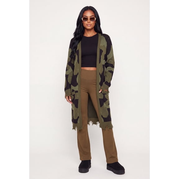 Women's Distressed Hem Camo Open Front Long Cardigan