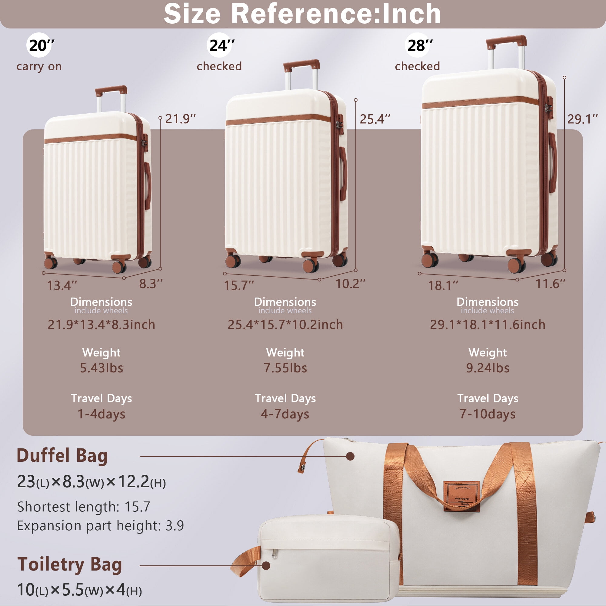 Hardside Suitcase, Luggage Set 5 Piece, Hardside Carry on Suitcase , Expandable Luggage with Travel Bags Spinner Wheels TSA Lock, Brown+White Hardside Luggage,Abs Hardside Checked Luggage