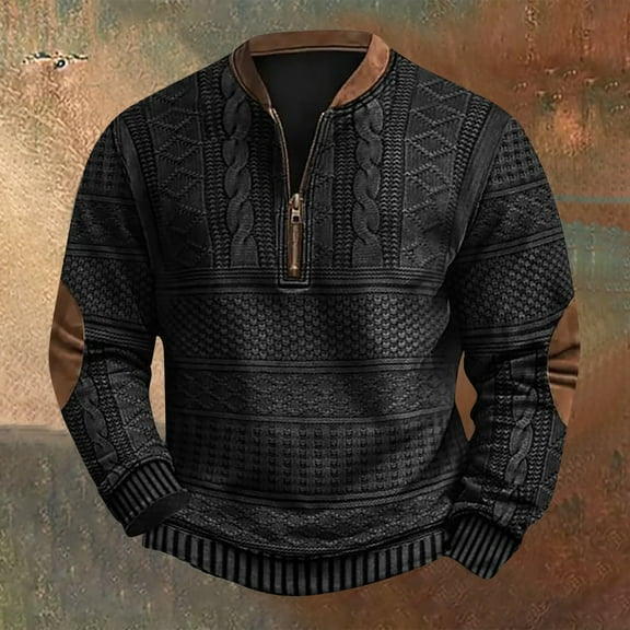 Men's Vintage Cable Knit Sweater with Half-Zip and Elbow Patches, Warm Winter Pullover for Casual Wear