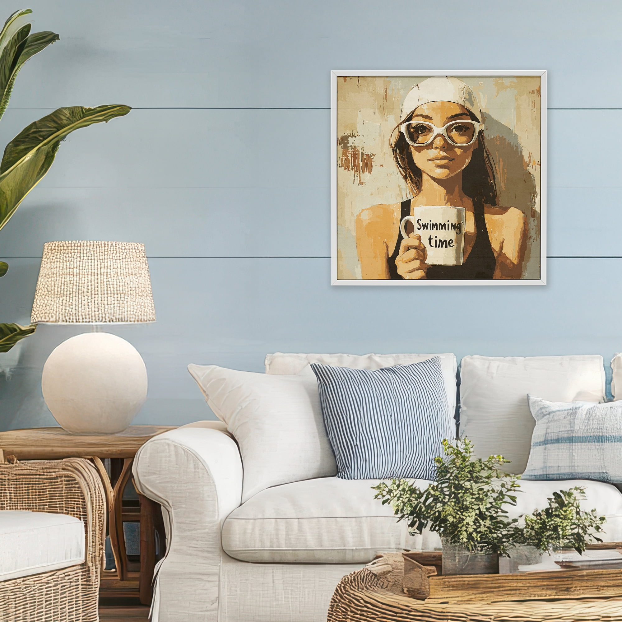 Stupell Industries Swimming Mug Girl White Framed Giclee Art, design by Layla Oz