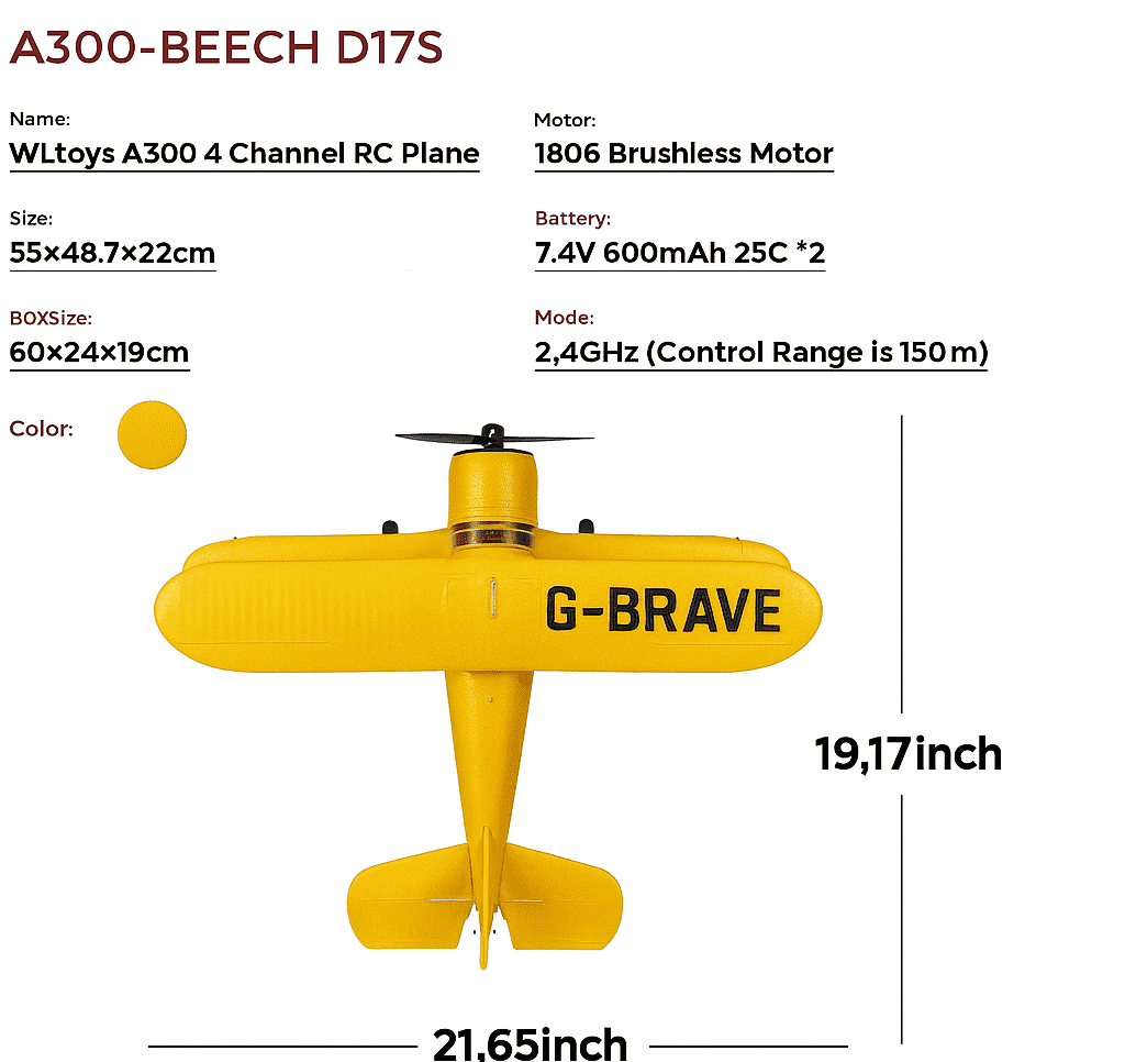 Bruce&Shark RC Plane WLtoys A300 4-Ch, Beechcraft D-17 RC Airplanes with Lights, 6G/3D Brushless RC Planes with 2 Batteries, 2.4G Remote Control RC Airplanes Gifts for Adults
