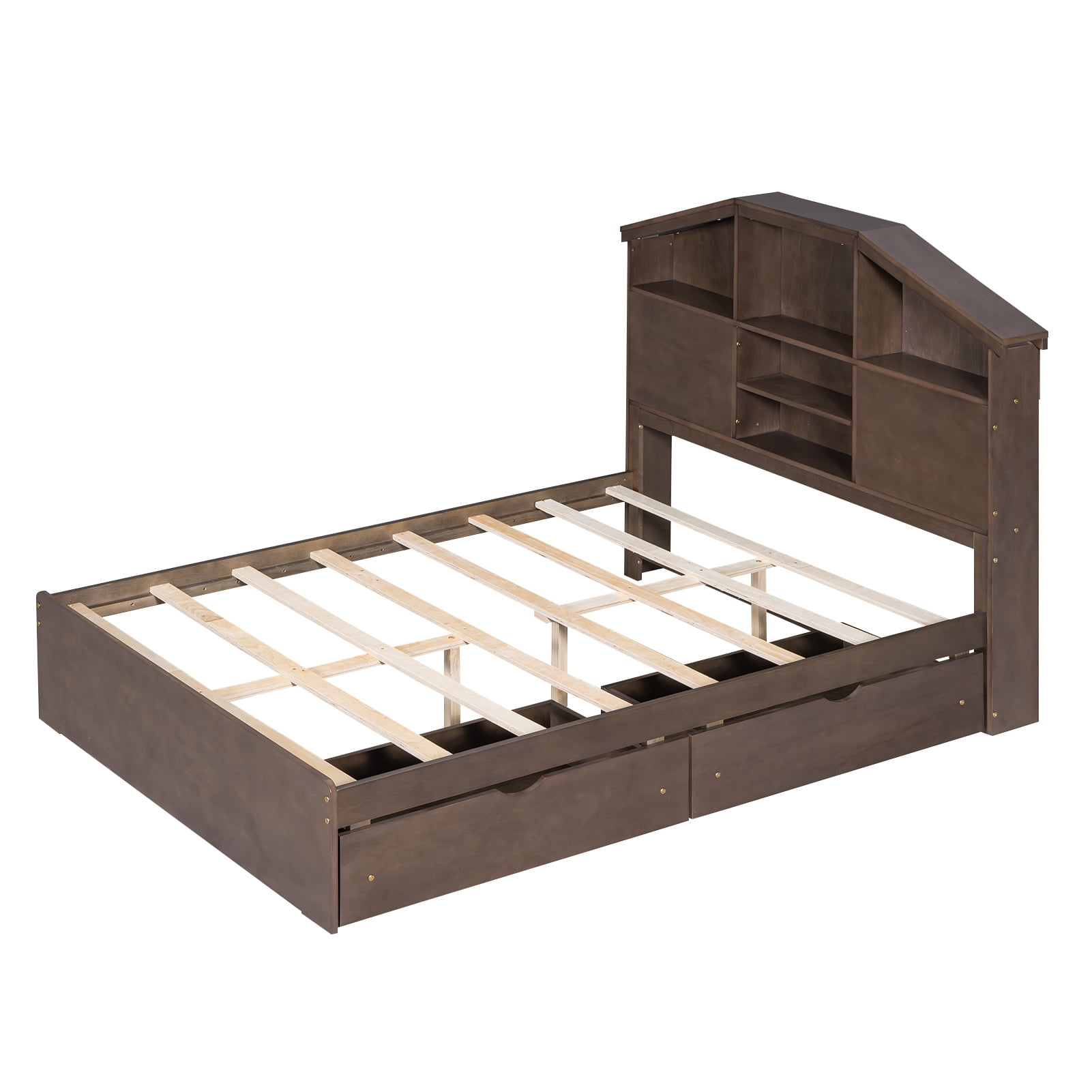 Euroco Wood Full Platform Bed with Storage Headboard Shelf and Drawers for Kids Teens, Walnut