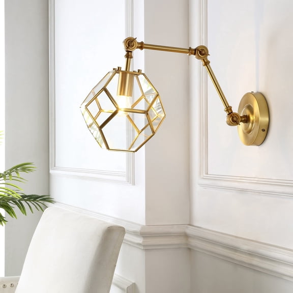 JONATHAN Y Honeycomb 7.5" 1-Light Modern Contemporary Arm-Adjustable Iron/Glass LED Sconce, Brass Gold/Clear