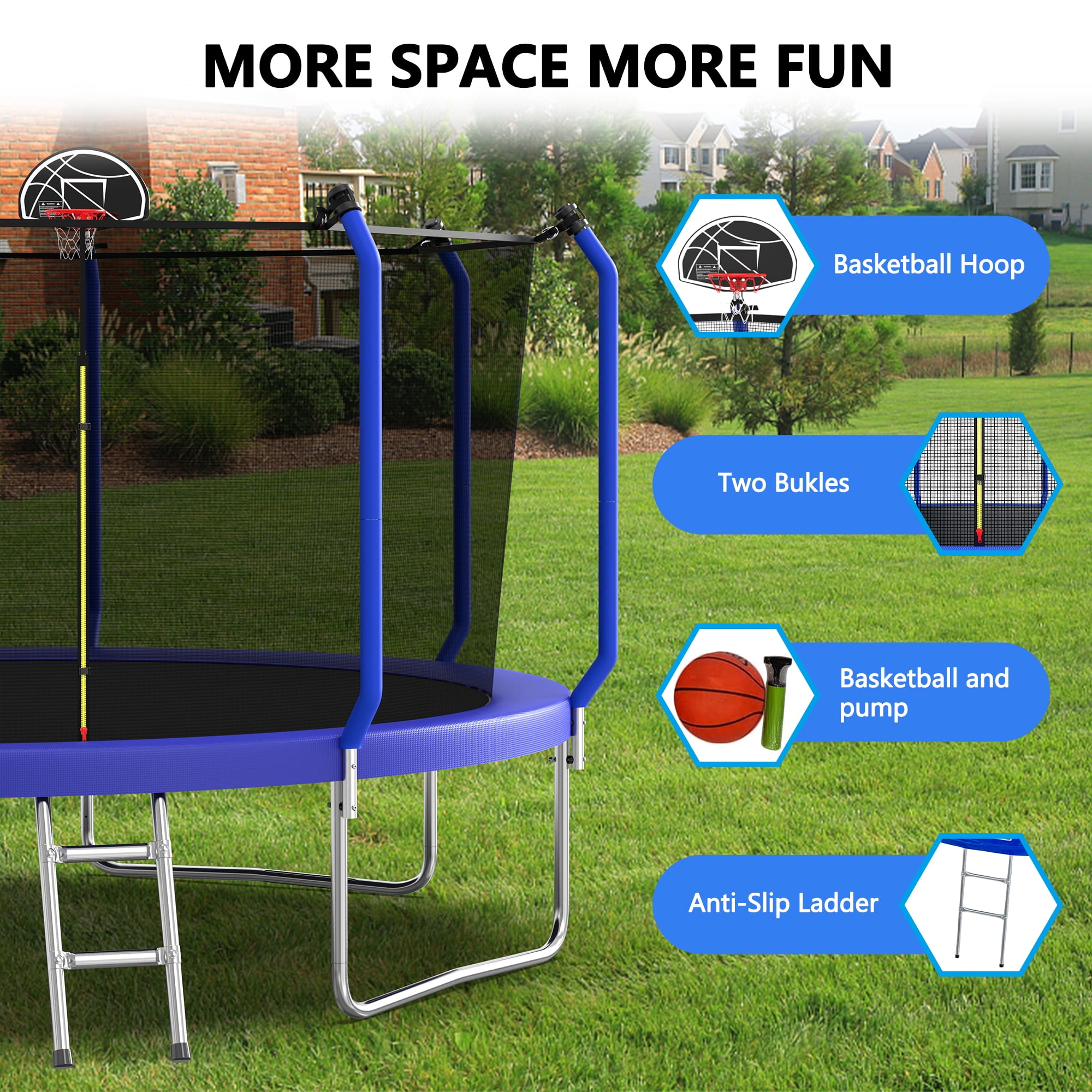 Aukfa 14 FT Trampoline with Safety Enclosure, Basketball Hoop & Ladder, Heavy-Duty Outdoor Jumper for Kids & Adults, Blue