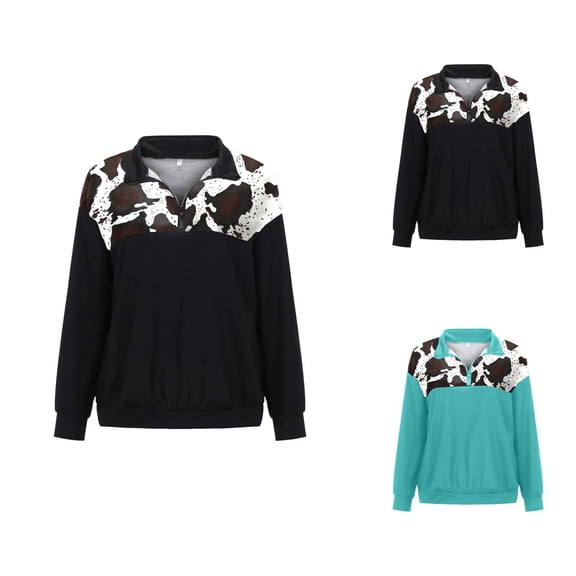 Quarter Zip Pullover Sweatshirt for Women 2025 Long Sleeve Lapel Collar Leopard Print Color Blcok Shirts