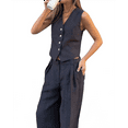 thumbnail image 3 of Women'S 2 Piece Outfits Linen Vest Waistcoat Dressy Casual Sets Wide Leg Pants Suits Black M, 3 of 7