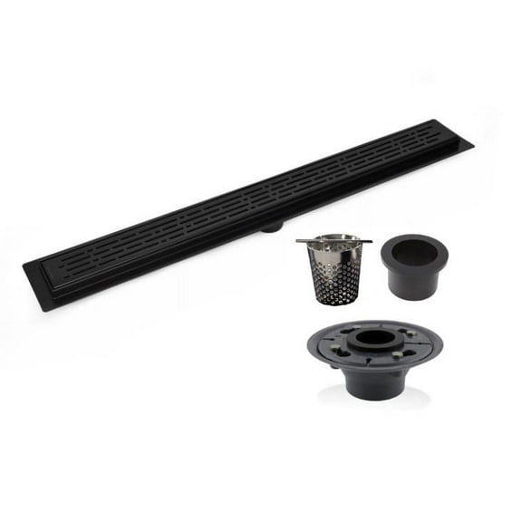 Matte Black Linear Drain Broken Lane Design with 2 Inch ABS Shower Drain Base and Hair Trap, SereneDrains Complete Linear Drain Installation Kit