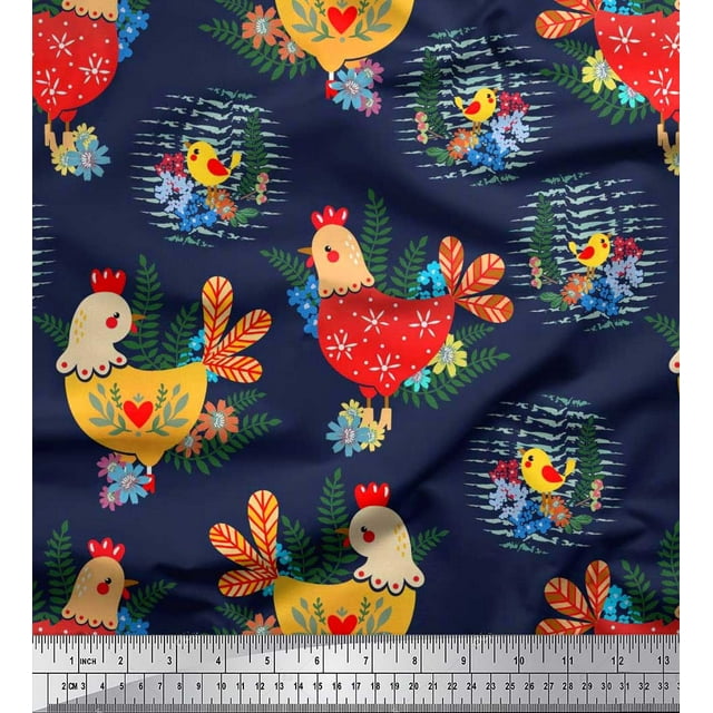 Soimoi Velvet Fabric Floral,Chick & Cock Cartoon Print Fabric by The Yard 58 Inch Wide