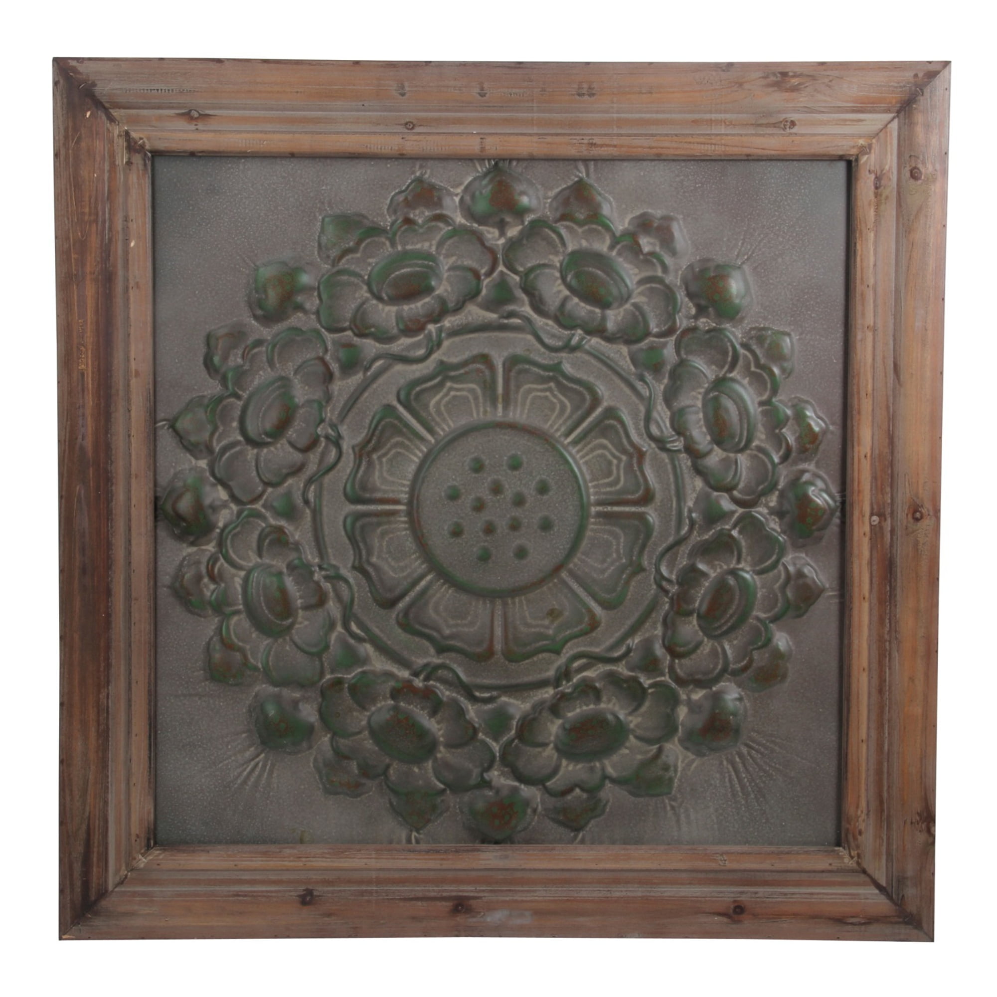 Wood and Metal Wall Decor with Embossed Floral Design, Gray and Brown