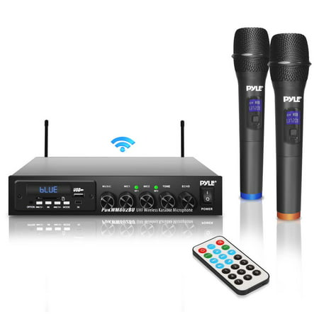 PYLE PDKWM802BU - Wireless Microphone & Bluetooth Receiver System, Audio Sound Mixer Receiver - Includes (2) Handheld Mics, MP3/USB/SD (Best Cheap Wireless Microphone System)