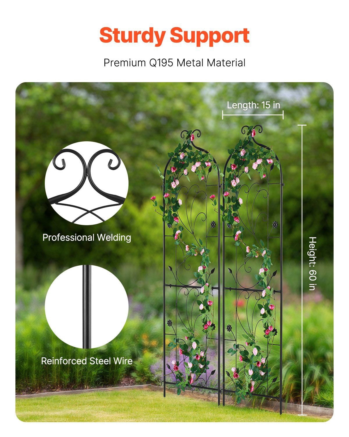 Rustproof Metal Garden Trellis 60x15 Inch 2 Pack for Climbing Roses Cucumbers Clematis Outdoor Plant Support