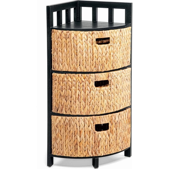 HOMESTEAD 3-Tier Corner Cabinet with Water Hyacinth Baskets, Fully Assembled, Acacia Solid Wood Frame, Boho Shelf for Living Room/Bathroom