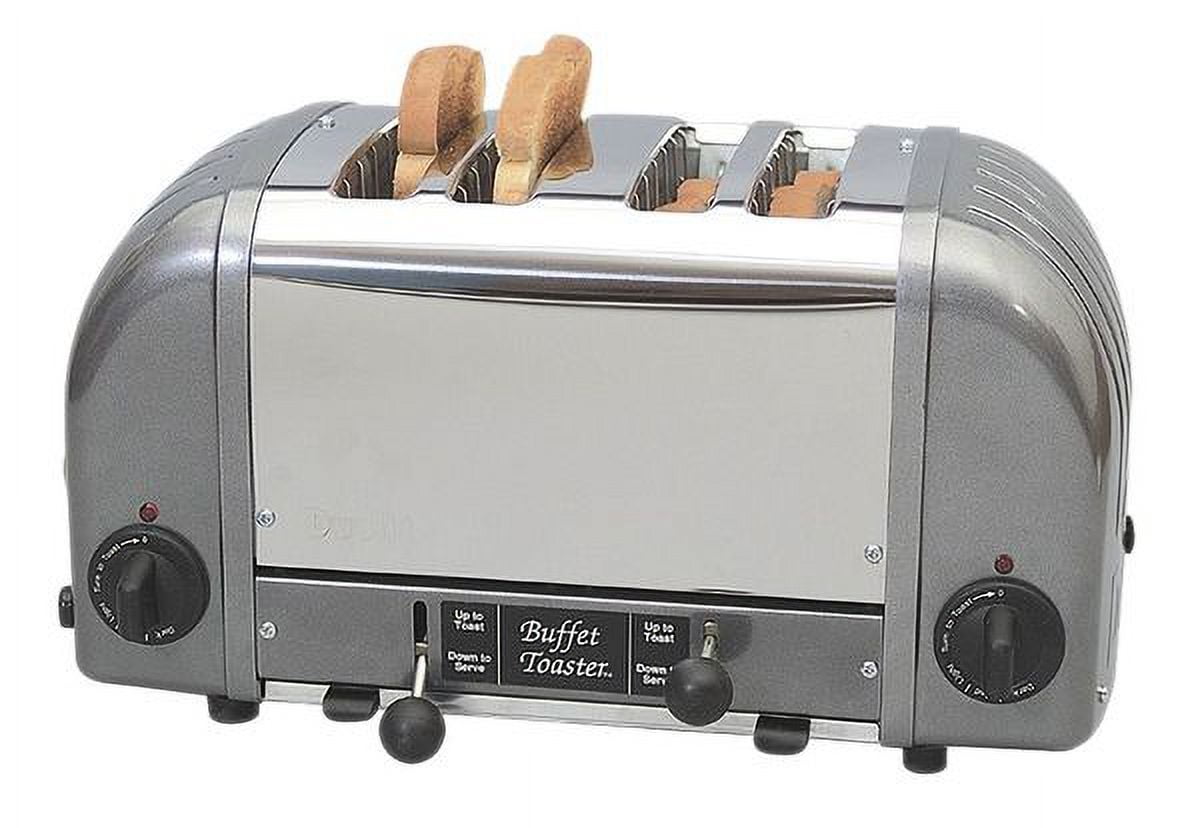 Cadco CBF-4M Stainless Steel Buffet Toaster, 15-1/2" Wide with 4 Slots, Dual Timers, Metallic Grey Aluminum Panels, Pull-Out Crumb Tray for Restaurant, Hotel, Kiosk, 120V, NSF Certified