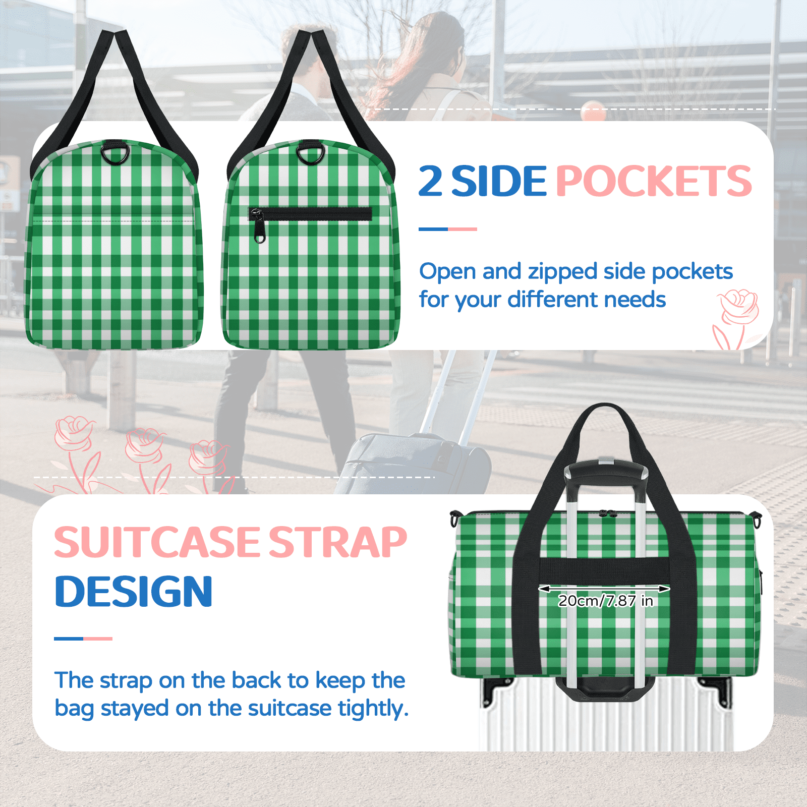 Herdesigns Green and White Checkered Gym Bag for Women, Duffle Bag for Travel Sport, Plaid Design Lightweight Waterproof Carry on Weekender Dance Yoga Workout Bags