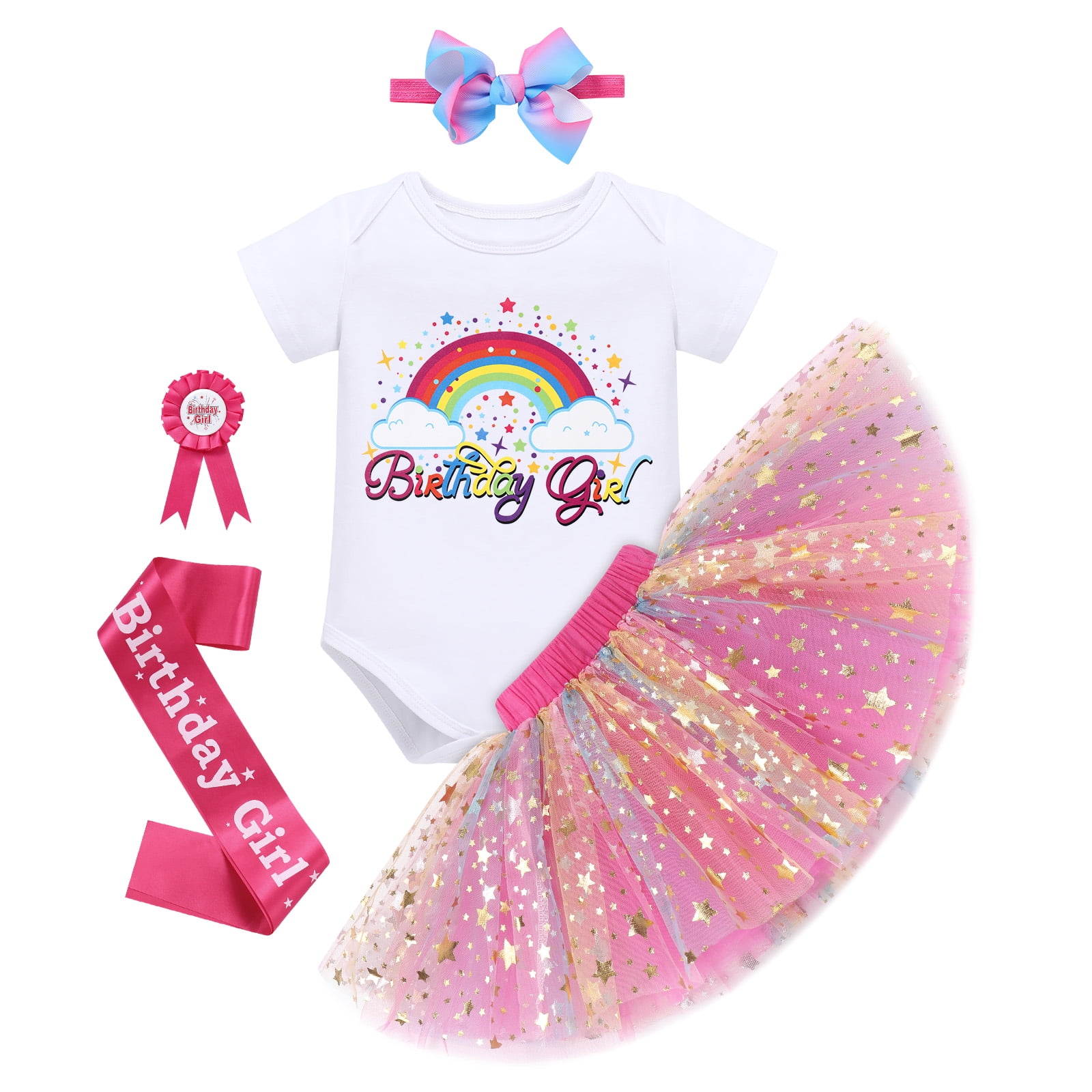 IBTOM CASTLE Toddler Baby Girl Unicorn 1st 2nd 3rd Birthday Outfit Romper + Rainbow Tutu Skirt + Headband + Sash + Badge 5PCS Princess Dress up Clothes Set for Cake Smash Photo Shoot