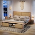thumbnail image 3 of Studyset Natural Rattan King Size Bed Frame with Sliding Barn Door Storage Cabinets and Headboard, Boho Farmhouse Wood Platform Bed with Solid Wood Legs Support, No Box Spring Needed, 3 of 8