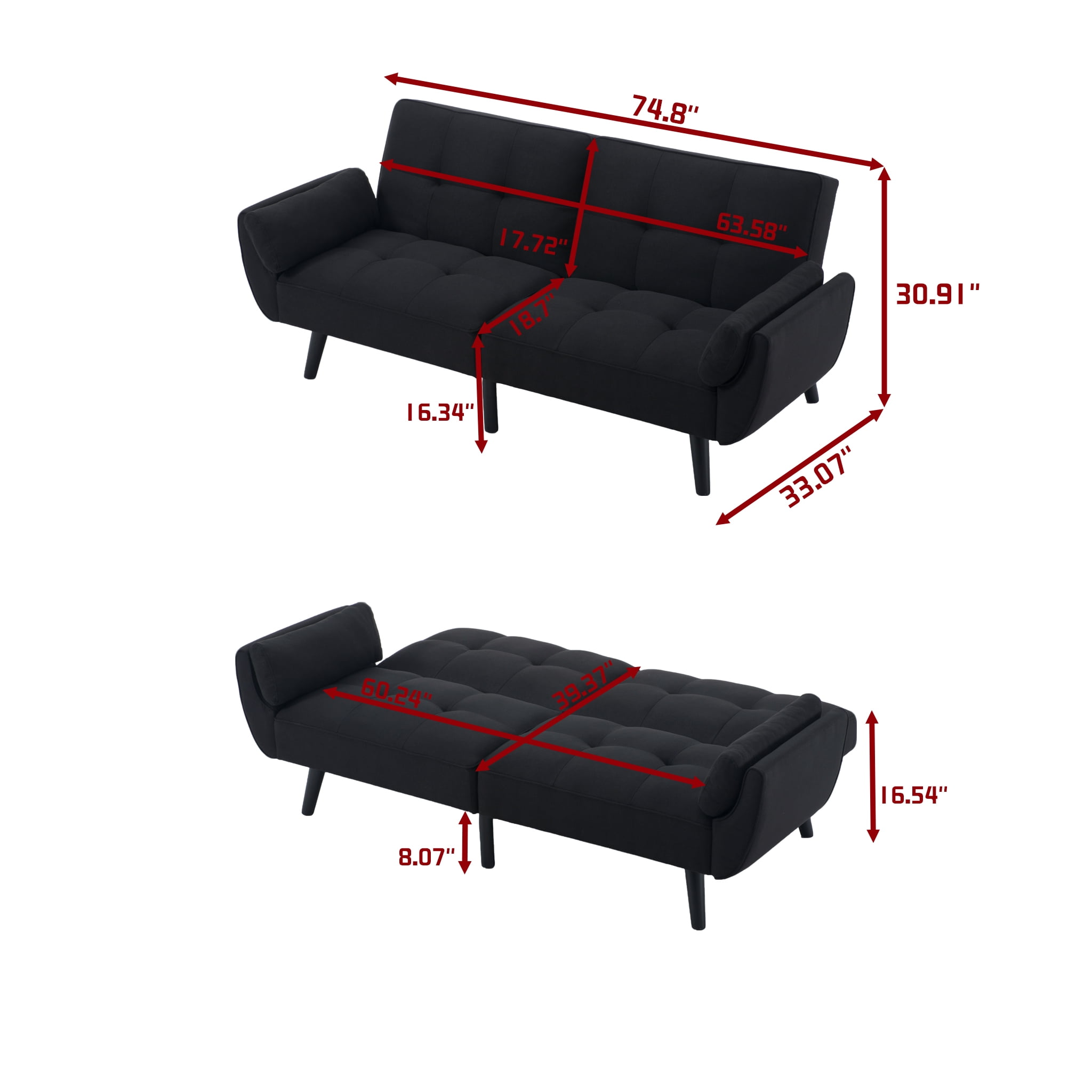 Gewnee Convertible Futon Sofa Bed, Sleeper Couch with 3‑Position Split‑Back, Multi‑Purpose Convertible Sofa for Small Space, Living Room, Apartment, Studio & Office, Black