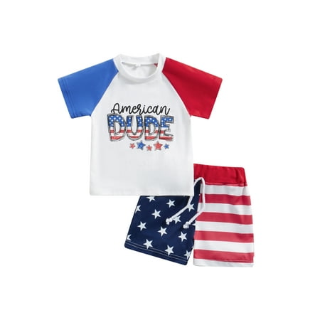 

Kids Baby Boys Summer 4th of July Outfits Set Short Sleeve T-shirt Tops with Stars Stripes Shorts Clothes 2pcs Suit 18-24 Months