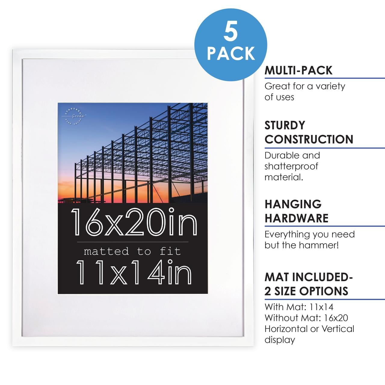 Standard Goods Home Décor 16x20 Matted to 11x14 White Linear Picture Frame, 5-Pack for Wall Display.