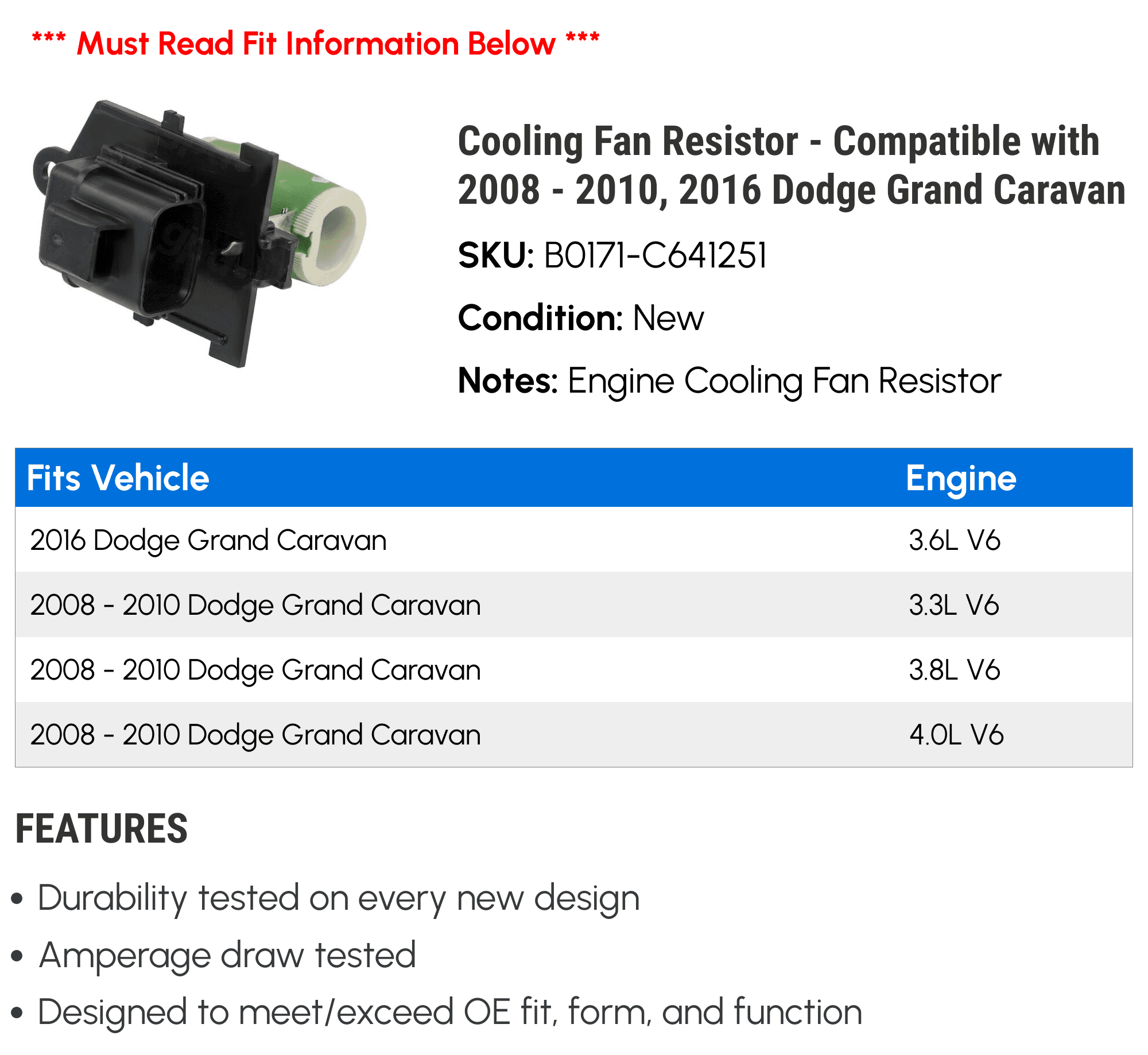 Cooling Fan Resistor - Compatible with 2008 - 2010, 2016 Dodge Grand Caravan 2009