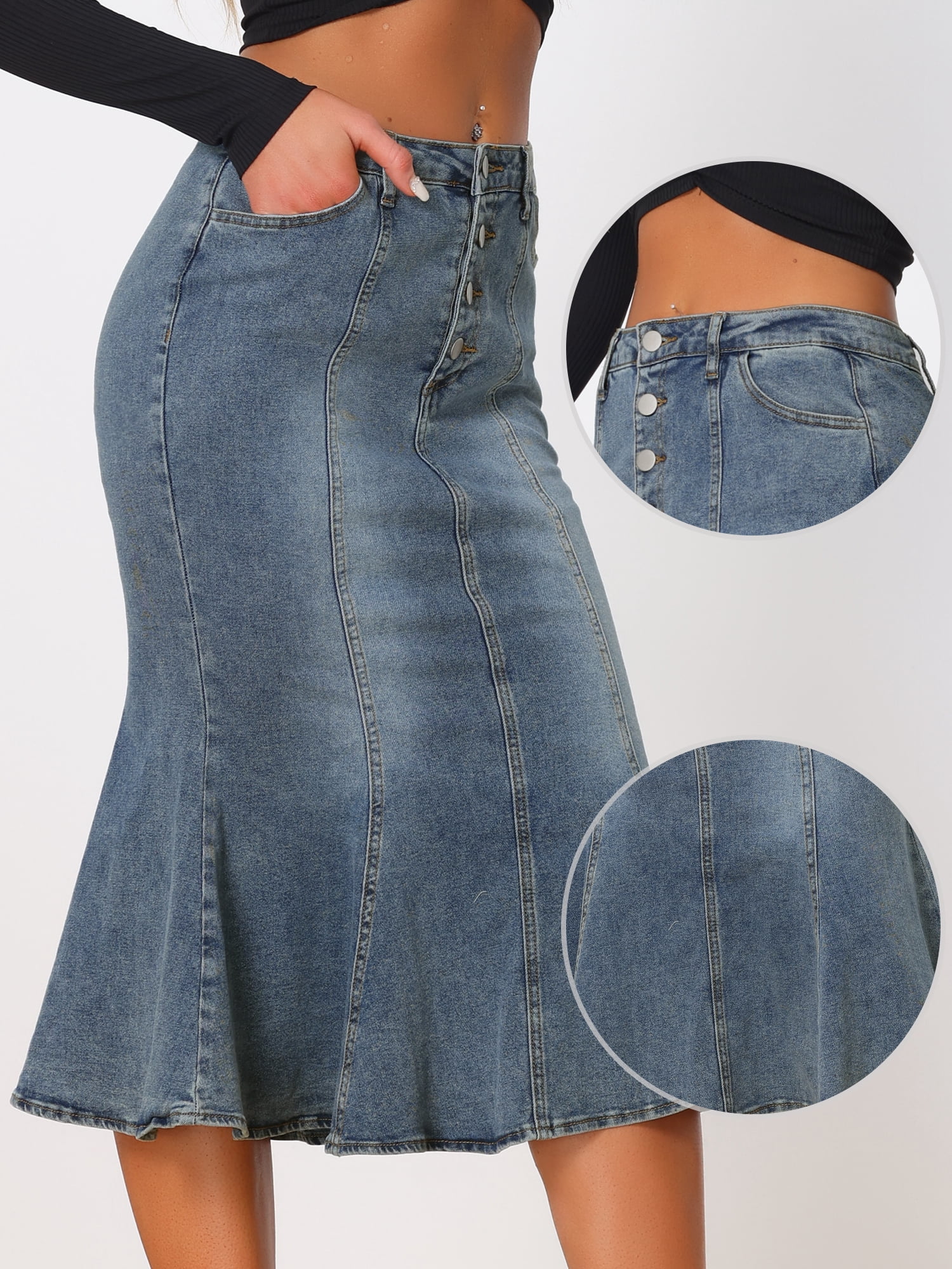DARING DIVA Women's Soft Elegant Washed Fishtail Casual Midi Denim Skirt M Gray Blue