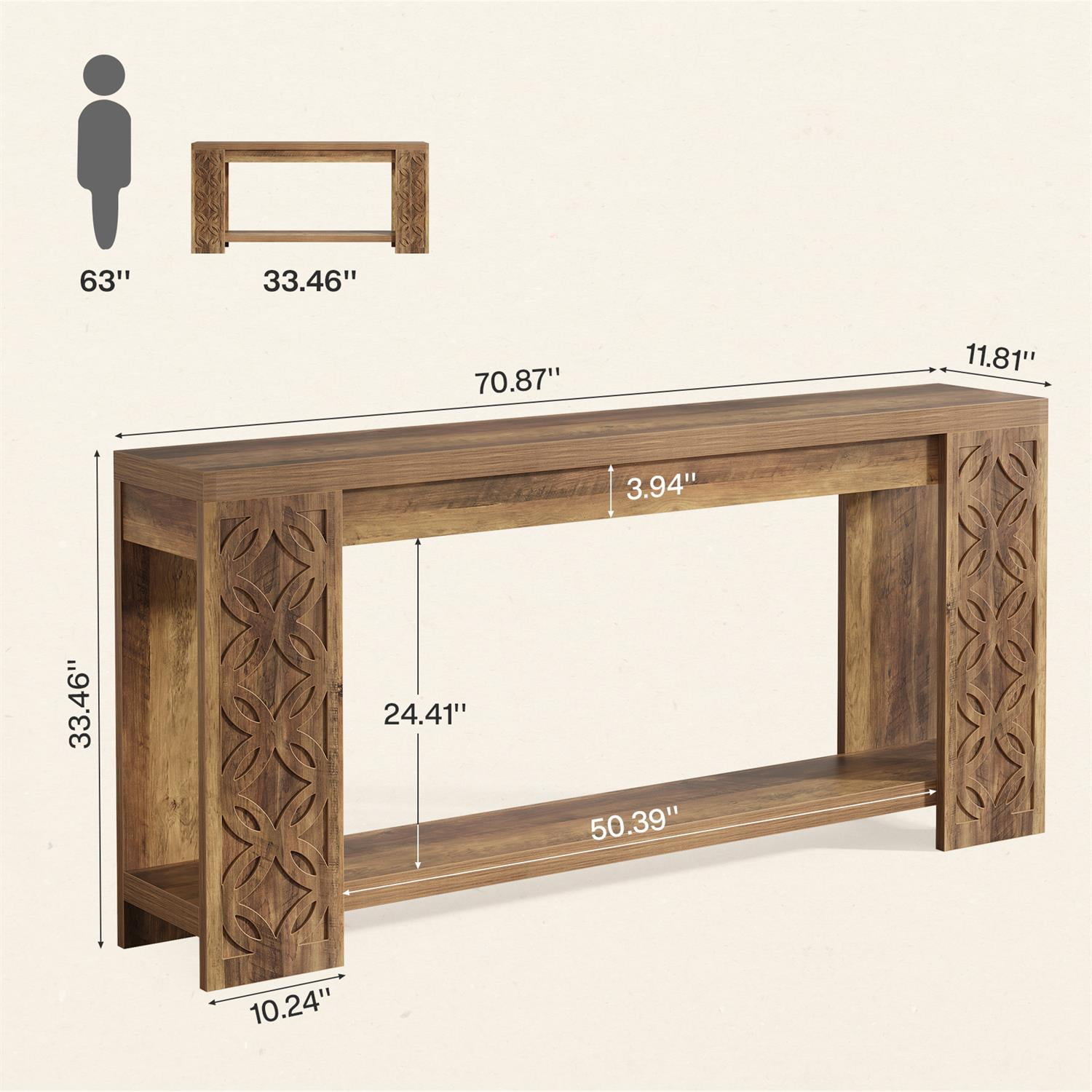 Demi Bonn 70" Bohemian Handcrafted Wooden Console Table, Entryway Side Table with Elegant Carvings for Living Room, Brown