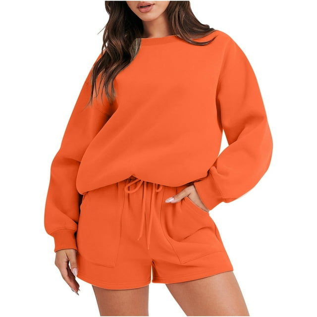 Yuyuzo Ensemble à Capuche pour Femmes, Blouse à Col Rond, Hauts à Manches Longues, Chandail, Shorts, Ensemble de Tenue Décontractée, Couleur Unie