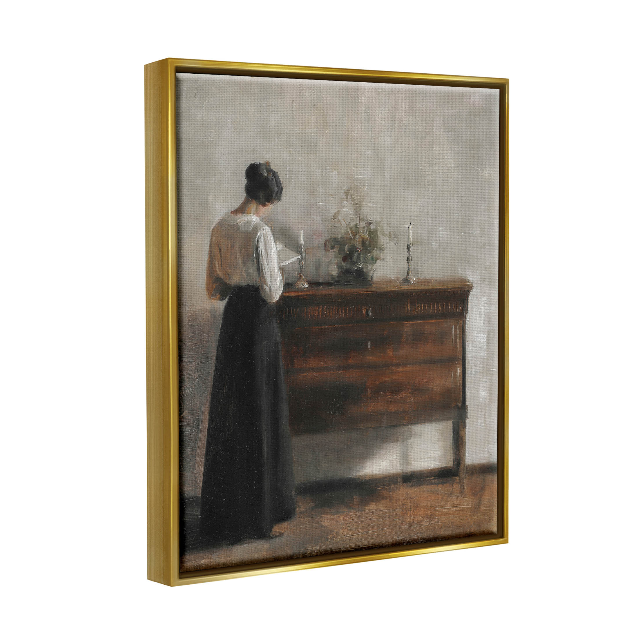 Classic Woman In Dress Reading Typography Painting Metallic Gold Framed Art Print Wall Art