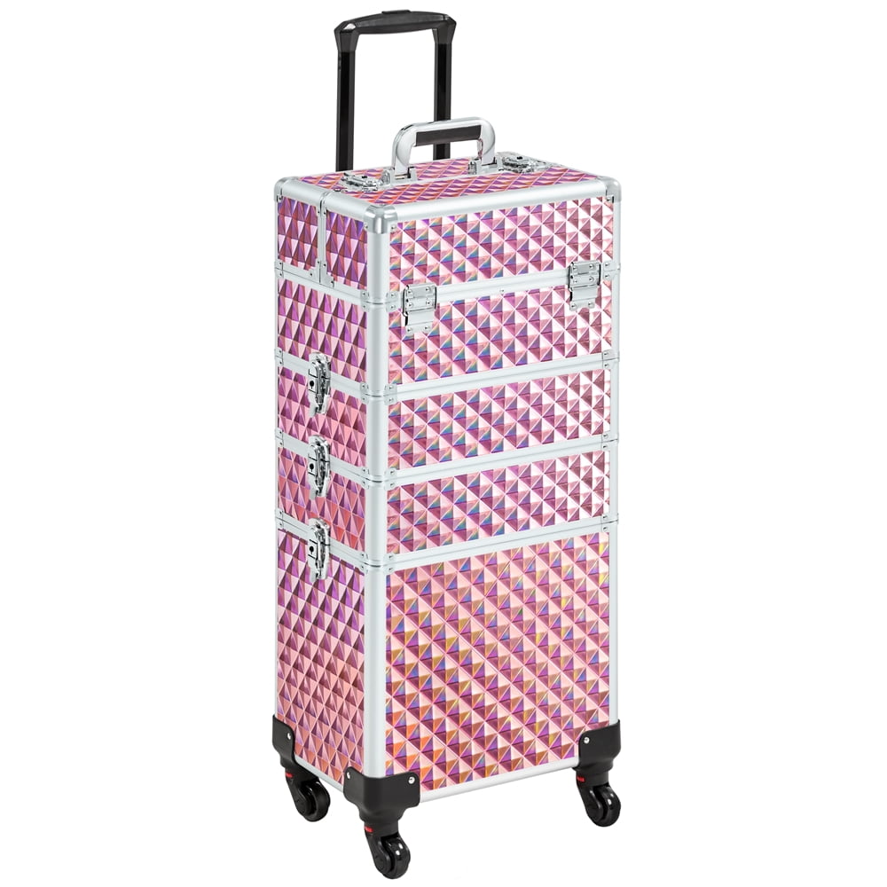 Alden Design 4-in-1 Professional Makeup Train Case with Wheels, Glitter Pink