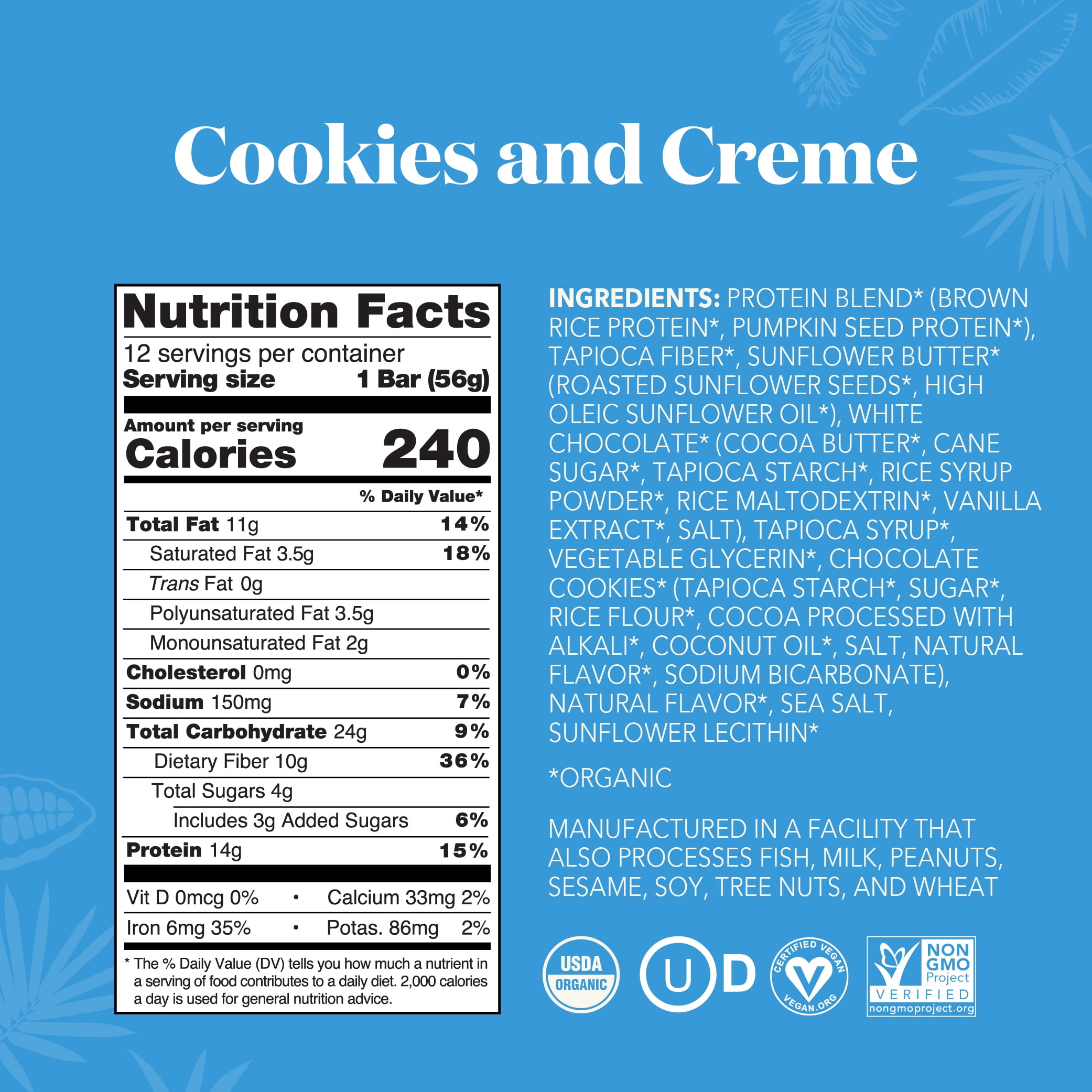 ALOHA, Organic Plant Based Protein Bars, Cookies and Creme, 14g Protein (Pack of 12)