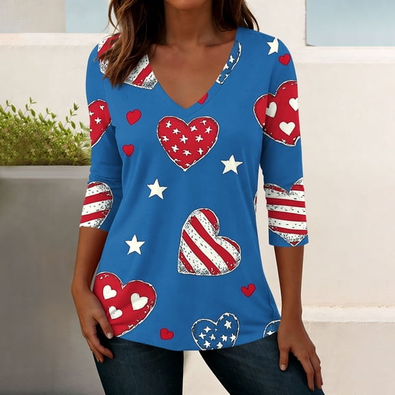 Xdegoge Tops for Women V Neck 3/4 Sleeve American Flag Floral Print Regular Fit Shirts Patriotic Graphic Half Sleeve Blouses 4Th of July Casual Wear