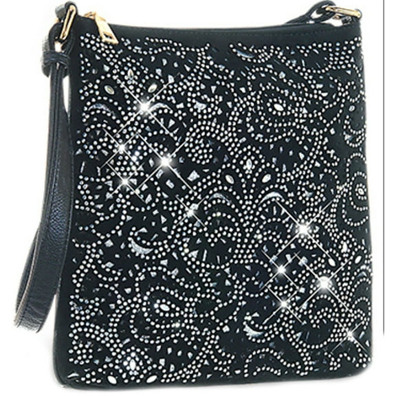 Rhinestone Laser Cut Cross Body Bling Purse Black