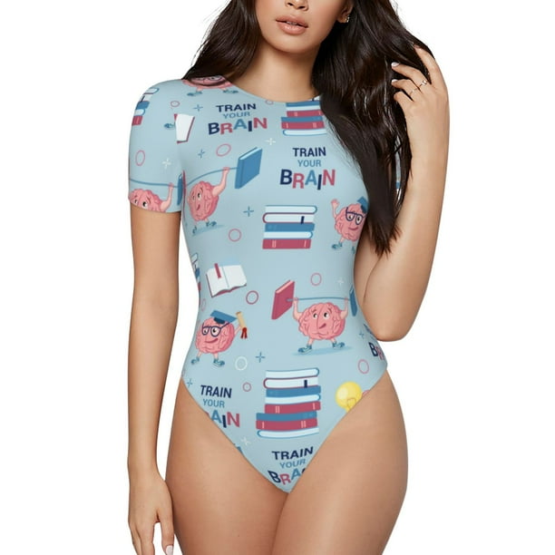 Balery Brain Training Body de cuello redondo de manga corta para mujer Tops de manga corta Tops básicos-Large
