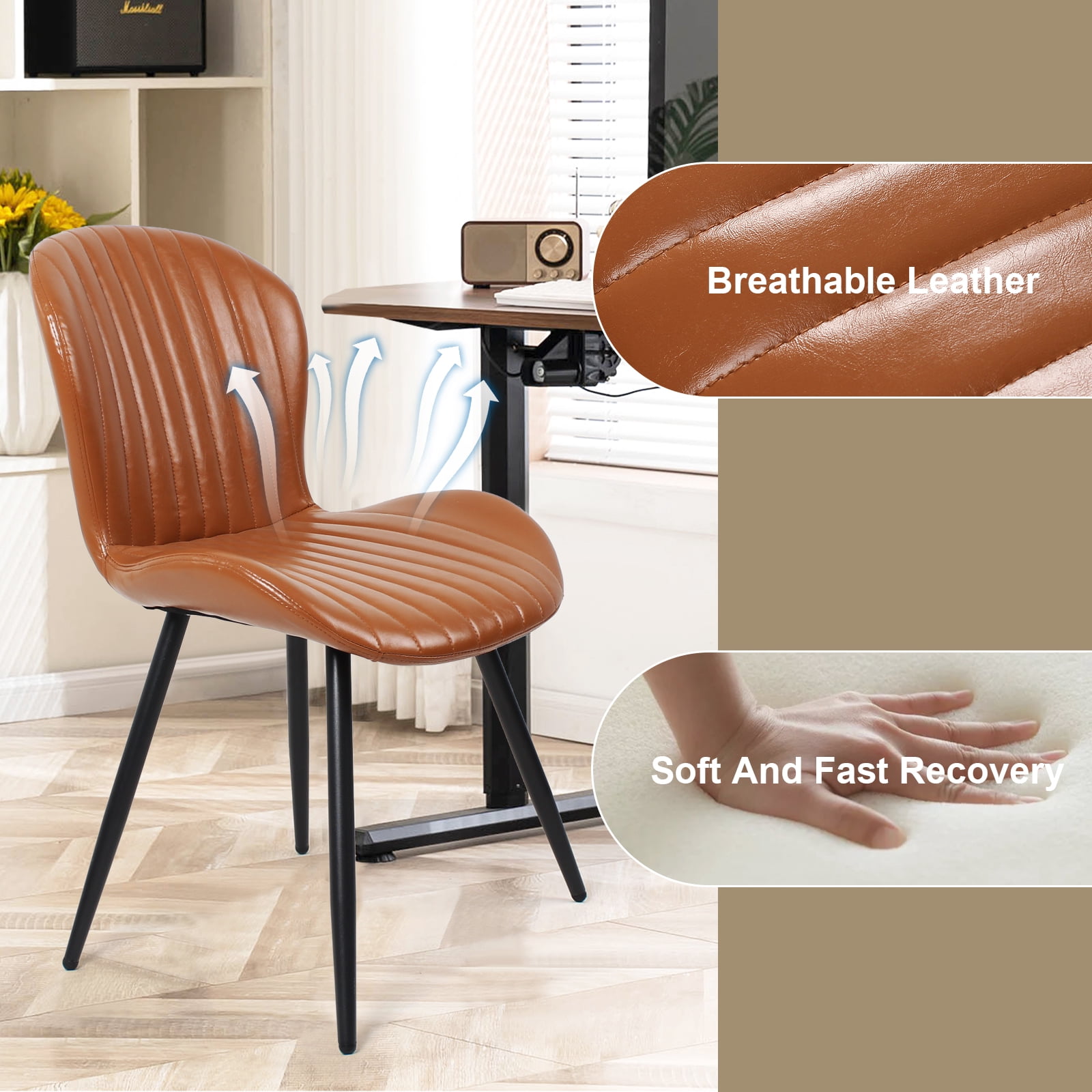 Set of 2 Brown Dining Chairs, Modern 2nd-Gen Leather Upholstered Chairs, Ergonomic Curved Backrest, Thick Cushion & Sturdy Metal Legs, 400 lbs Capacity, Waterproof & Scratch Resistant