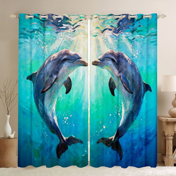 Feelyou Dolphin Black Out Curtains, Romantic Sealife Curtains Pack of 2 (42x63 Each)