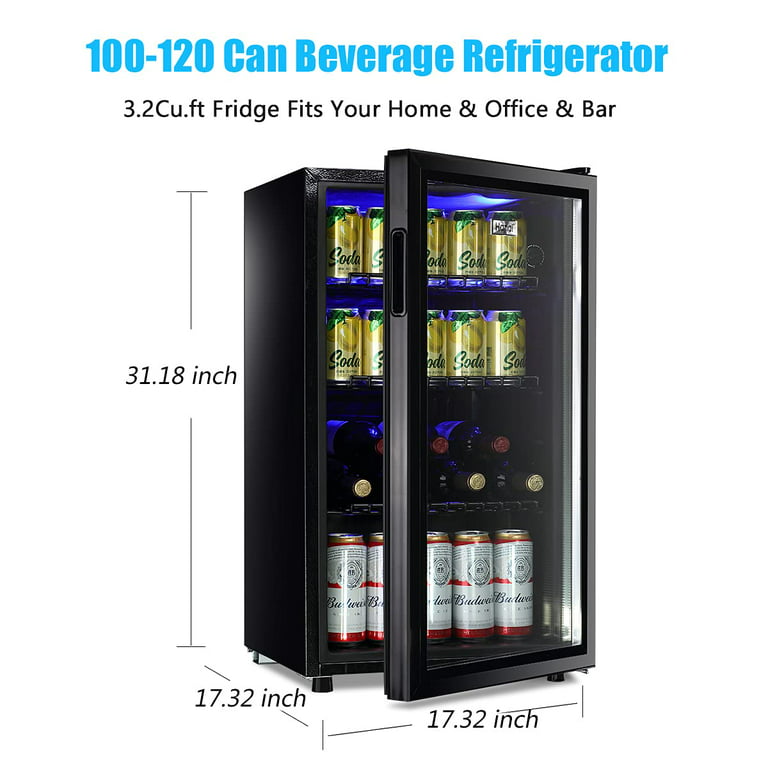  WANAI Mini Fridge Glass Door 120 Cans Beverage Refrigerator  Small Wine Cooler Clear Front Drinks Fridge for Soda Beer Bar Home Office  with 7 Thermostat LED Lights : Appliances