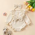 thumbnail image 3 of GYRATEDREAM Newborn Baby Girl Cute Outfits Infant Ruffle Long Sleeve Solid Color Bow Ribbed Romper Bodysuit Headband 2Pcs Set Apricot for 0-12M, 3 of 8