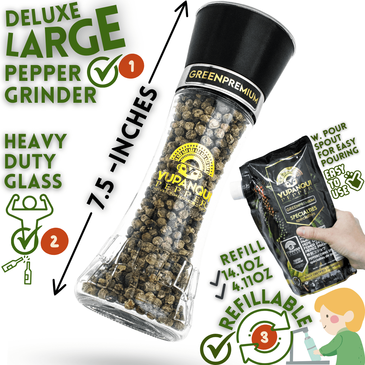 YUPANQUI Whole Green Peppercorns, Ceramic Core Pepper Mill, 2.1 oz