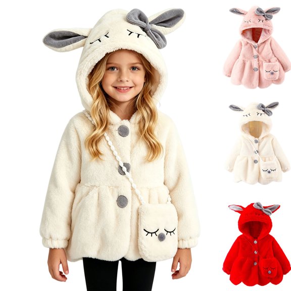 Toddlers Jackets for Boys Dqueduo Toddler Girls' Hooded Fleece Button Coat Jacket With Matching Mini Shoulder Bag White 1-2Years