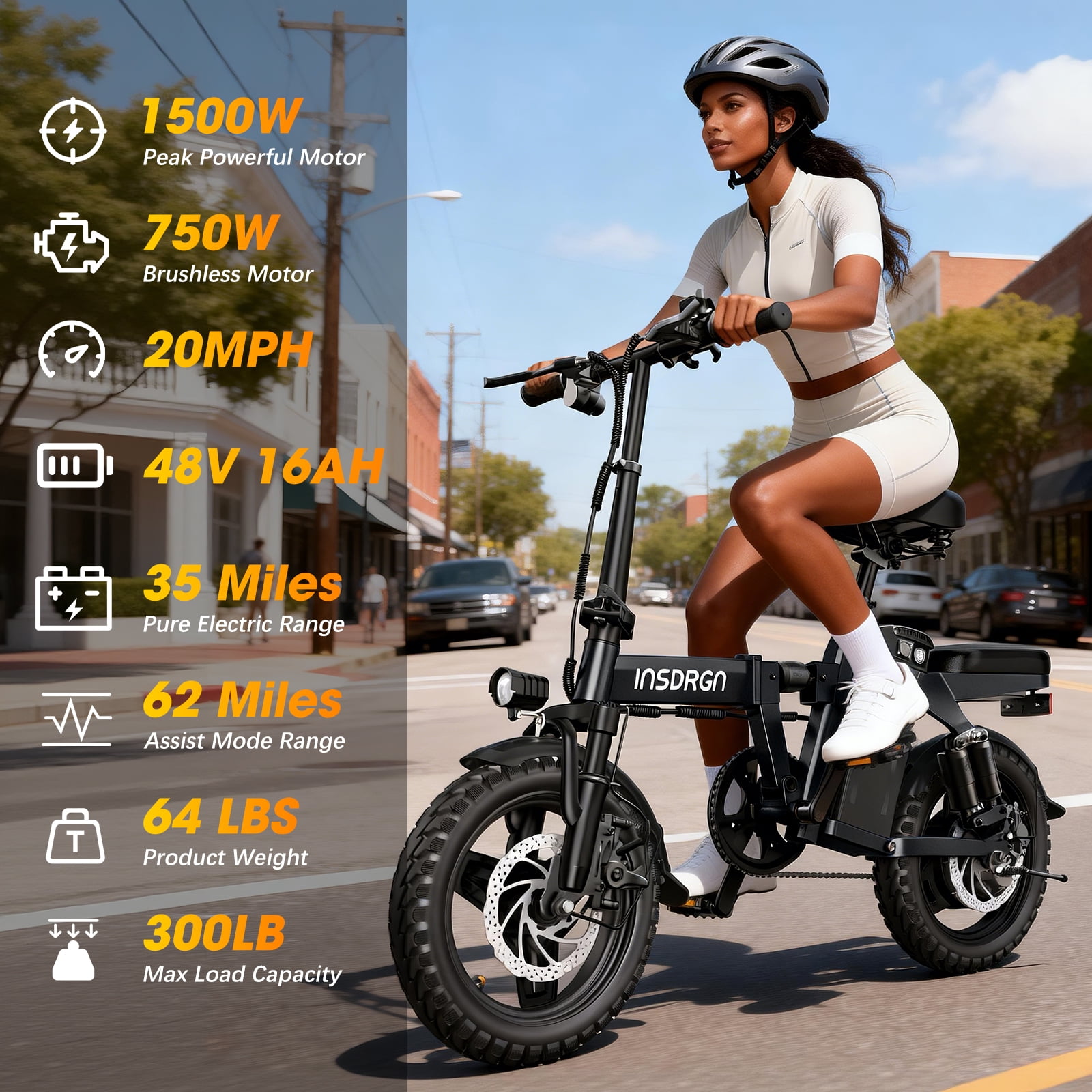 INSDRGN Folding Electric Bike for Teenager and Adults, 16AH 48V Battery 14" Electric Bike 1500W Peak Motor, 62 Miles Range, Mini Ebike for City Commuter, UL2849