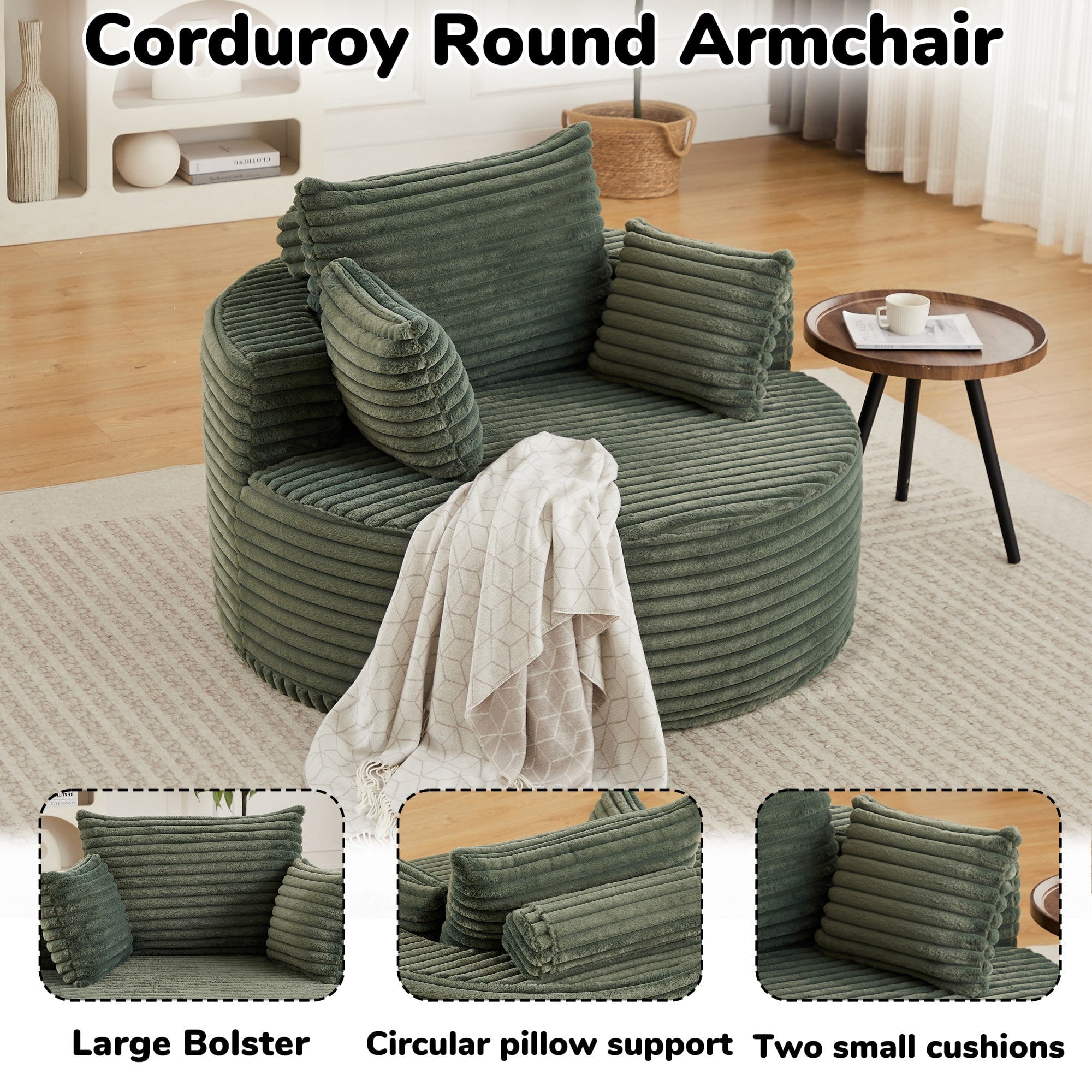 Sailvan 50" Corduroy Single Sofa, No Assembly Modern Sleeper Chair, Fluffy Cloud Lounge Recliner for Living Room and Bedroom, Grey Green